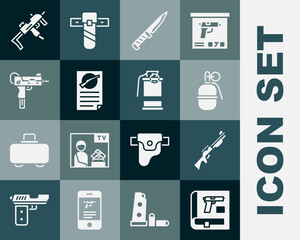 Set Book with pistol or gun, Hunting, Hand grenade, Military knife, Firearms license certificate, UZI submachine, MP9I and smoke icon. Vector