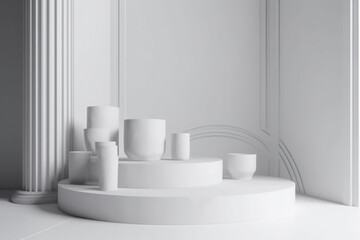 Fototapeta na wymiar Beauty, fashion, make-up concept. Minimalistic product placement podium made from various white geometric shapes with copy space. Minimalistic and futuristic looking style. Generative AI