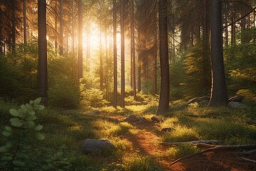 A forest scene with the sun shining through the trees Generative Ai