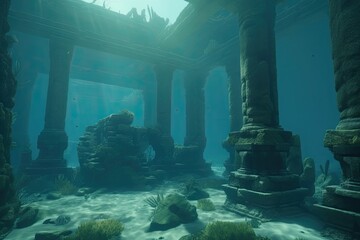 Fototapeta premium A screenshot of a underwater scene of the ruins of a temple Generative Ai