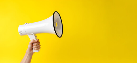 Hand With White Megaphone With Copy Space on Yellow Background: AI Generated Image