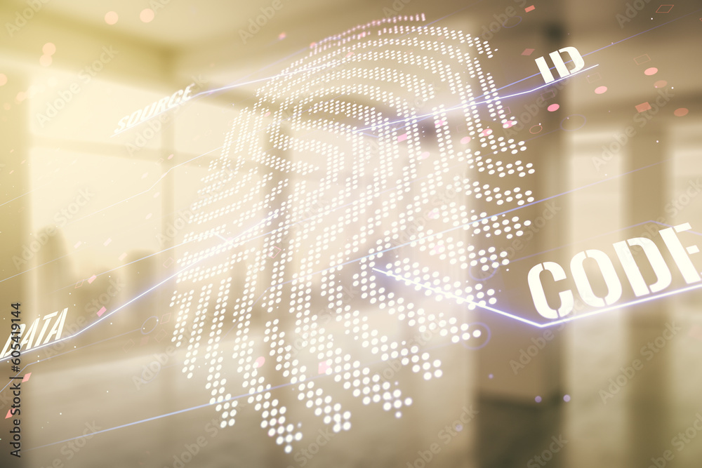 Poster abstract virtual fingerprint hologram on empty corporate office background. multiexposure