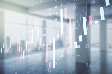 Abstract virtual financial graph hologram on modern interior background, financial and trading concept. Multiexposure