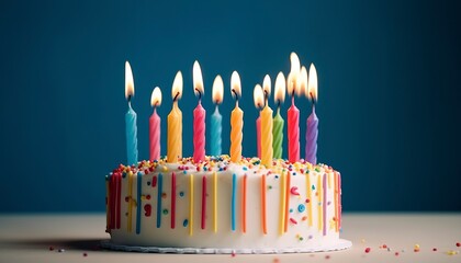 Celebration birthday cake with twenty one colorful birthday candles, generate ai