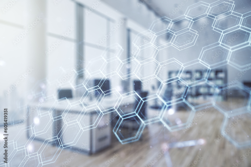 Aufkleber abstract virtual technology sketch with hexagon grid on a modern furnished office interior backgroun