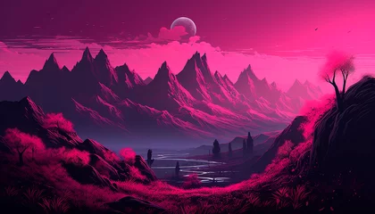 Foto op Aluminium illustration of a pastel pink and purple mountain landscape with vantablack rivers, in the style of fascinating colored landscapes  © DenizJosue