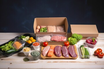 Box with packed meat and vegetables on kitchen background. Food delivery services during the coronavirus pandemic and social distancing. Shopping online. Dinner delivery service, generate ai
