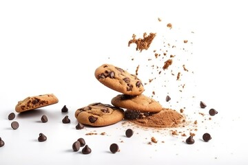 Tasty chocolate chip cookies falling isolated on white background, generate ai