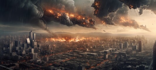 Apocalypse. Burning city, abstract vision. Photo manipulation created with Generative AI technology - obrazy, fototapety, plakaty