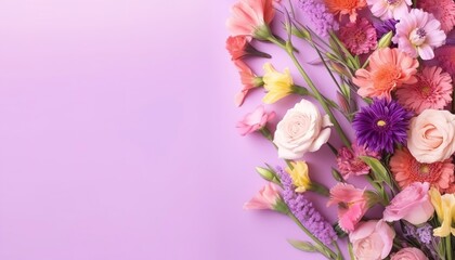 multicolored spring flowers on purple background , generate ai