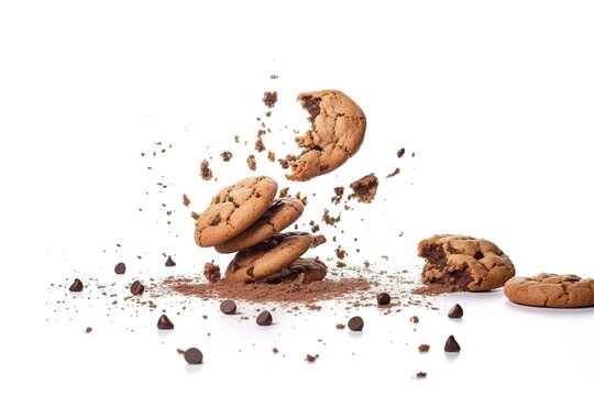 Tasty Chocolate Chip Cookies Falling Isolated On White Background, Generate Ai