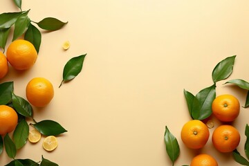 Whole orange yellow tangerines with green leaves on pastel beige background, copyspace. Citrus fruits mandarines as minimal food frame background, empty space, above view, generate ai
