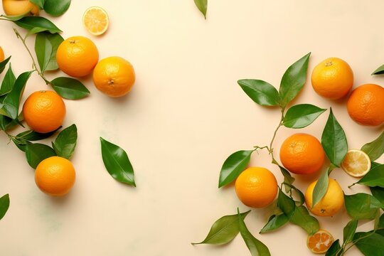 Whole orange yellow tangerines with green leaves on pastel beige background, copyspace. Citrus fruits mandarines as minimal food frame background, empty space, above view, generate ai