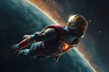 Super Hero raising above earth into the outer space
