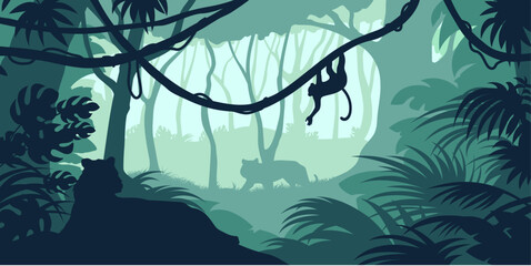 Green jungle landscape. Rainforest silhouette. Forest panorama with tigers and monkey. Tropical horizontal background © Antonina