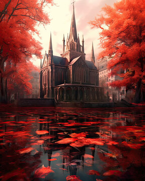 church with red autumn trees and reflection in the water. Generative AI image.