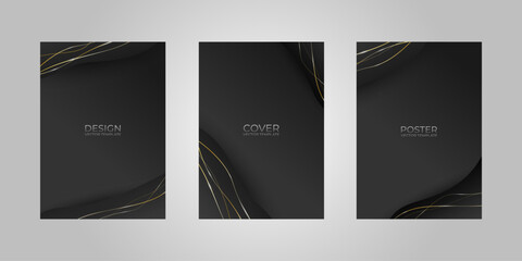 Abstract black cover design template. Luxury line pattern with metallic gloss in gold, black color. Formal vector background for luxe invite, business brochure, poster, notebook, menu template