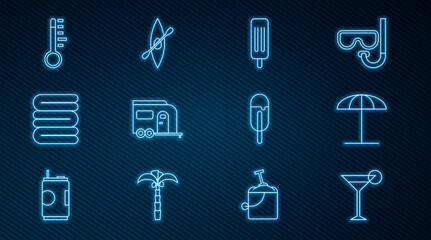Set line Martini glass, Sun protective umbrella for beach, Ice cream, Rv Camping trailer, Towel stack, Meteorology thermometer, and Kayak canoe and paddle icon. Vector