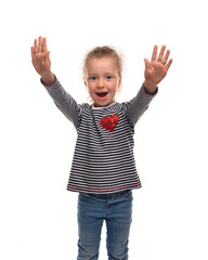 Joyful little girl on a white background.