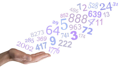 Open palm mature male hand of a numerologist sending a stream of purple lilac random numbers...