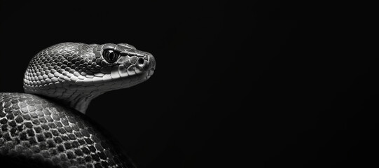 Black and white photorealistic studio portrait of a snake on black background. Generative AI illustration - obrazy, fototapety, plakaty
