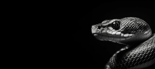 Black and white photorealistic studio portrait of a snake on black background. Generative AI illustration