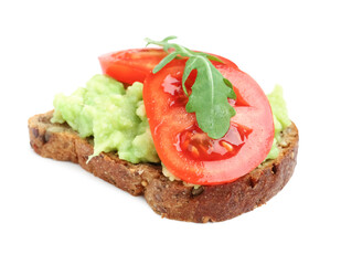 Tasty avocado toast with tomatoes on white background
