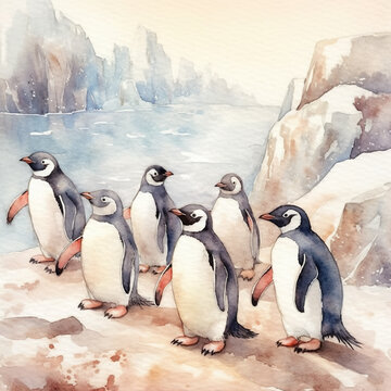 A group of penguins standing next to each other. Generative AI.