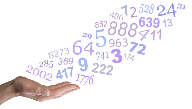 Open palm mature male hand of a numerologist sending a stream of purple lilac random numbers upwards transparent png file

