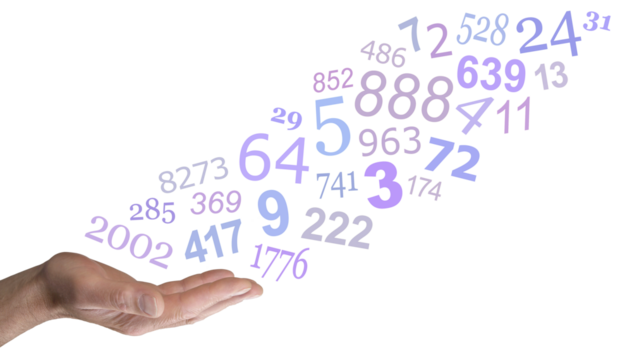 Open palm mature male hand of a numerologist sending a stream of purple lilac random numbers upwards transparent png file

