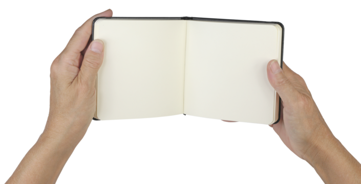 Female holding open book showing two blank cream pages ideal for your message isolated transparent png file
