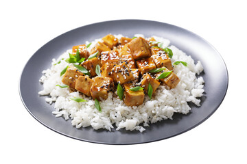 plate of rice and fried tofu with sesame seeds isolated on transparent background