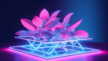 Obraz na płótnie Canvas Iridescent Leaves on Display Glass with Neon Lights, Generative AI