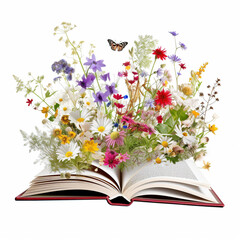 Open book with flowers isolated on white background. Generative AI