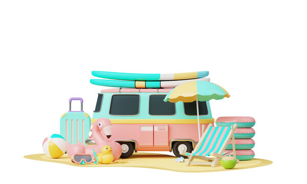 Summer vacation beach with Minimal travel van bus, surfboard, elements isolated on clear png background, summer pink theme. minimal cute design. 3d rendering