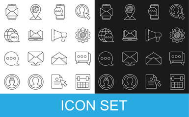 Set line Calendar, Speech bubble chat, Mail and e-mail, Chat messages notification on phone, Laptop with envelope, World map made from speech, Mobile and Megaphone icon. Vector