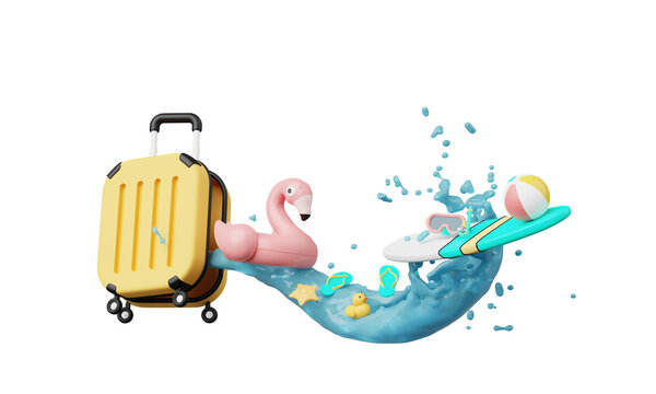 Summer time vacation beach with Minimal suitcase luggage, inflatable rings, other elements isolated on clear png background, summer pink theme. minimal cute design. 3d render