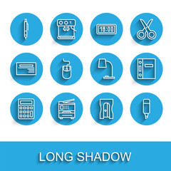 Set line Calculator, Printer, Pen, Pencil sharpener, Marker, Computer mouse, Office folders and Table lamp icon. Vector