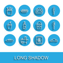 Fototapeta premium Set line Bread loaf, Fast street food cart, Chicken leg in package box, Hard bread chucks crackers, Croissant, Bottle of water, Fried sausage and Popcorn icon. Vector