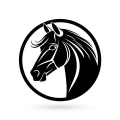 Stylized black and white horse head logo template in a circle shape on a white background