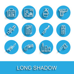 Set line Bayonet on rifle, Small gun revolver, Military ammunition box, Bullet, Wooden axe, Firearms license certificate, Pepper spray and Hunting icon. Vector