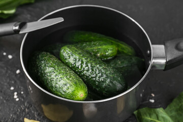 Saucepan with fresh cucumbers for preservation on dark background, closeup
