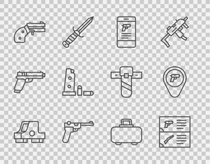 Set line Collimator sight, Weapon catalog, Shop weapon in mobile app, Mauser gun, Small revolver, Gun magazine and bullets, case and Location with icon. Vector