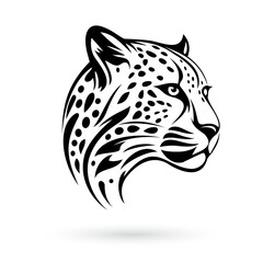 A stylized dark leopard head with an intricate tattoo-inspired design on a white background