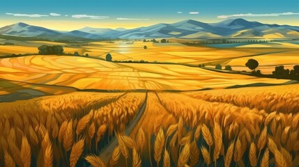 Fields of golden wheat stretching to distant mountains. Generative AI