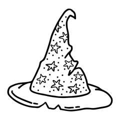 Hand drawn line illustration of witch hat with stars picture in doodle style