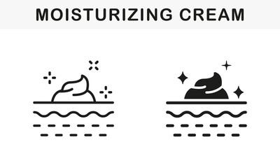Skin Moisturizing Cream Line and Silhouette Black Icon Set. Gel, Foam, Mousse, Daily or Night Cream, Soap on Skin Pictogram. Sunscreen, Sun Block Symbol Collection. Isolated Vector Illustration