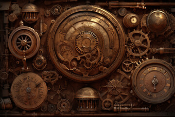 Steampunk style old and rusty gear wheels and clocks background with copy space. Generative AI