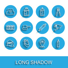 Set line Speech bubble with text art, Rubber gloves, Spray can nozzle cap, Paint spray, Marker pen, Security camera and icon. Vector