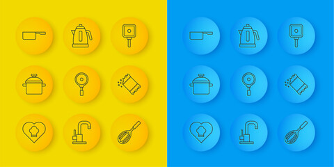 Set line Chef hat, Cooking pot, Frying pan, Kitchen whisk, Packet of pepper, Saucepan, and Electric kettle icon. Vector